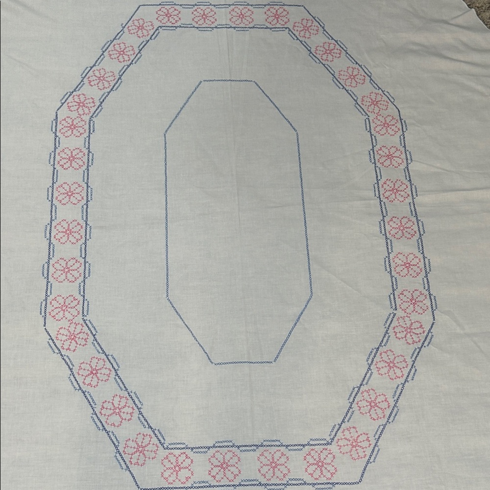 Embroidered Oval Tablecloth - White with Pink and Blue Accents - Picture 5 of 11